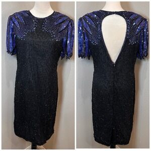 Vtg SweeLo Black Silk Bead Sequin Formal Cocktail Dress L Blue 80s Party Dynasty